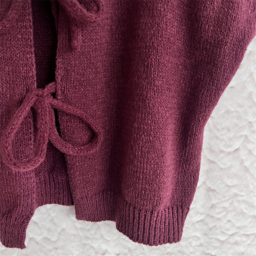 Bow Tie Front Short Sleeve Knit Cardigan - Winered - 3