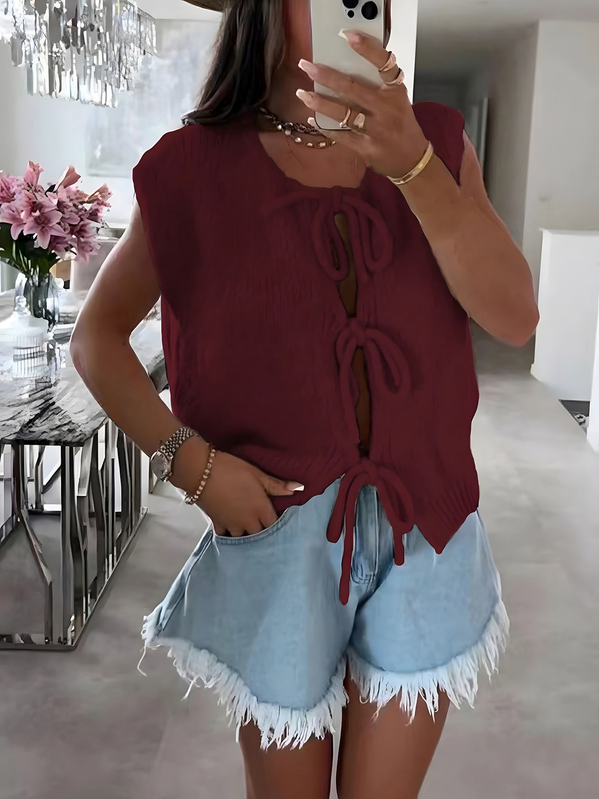 Bow Tie Front Short Sleeve Knit Cardigan - Winered - 4