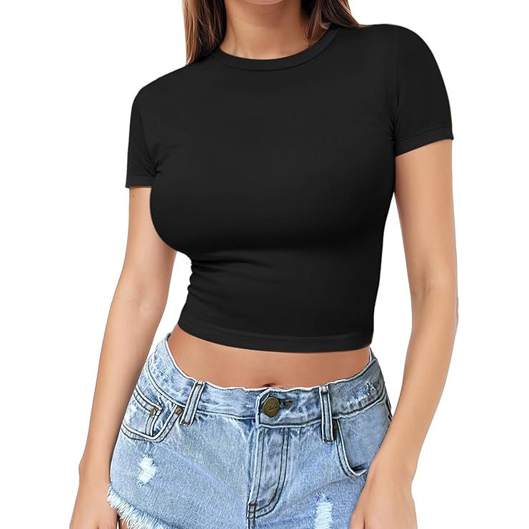 Fitted Crew Neck Cropped Baby Tee - Black