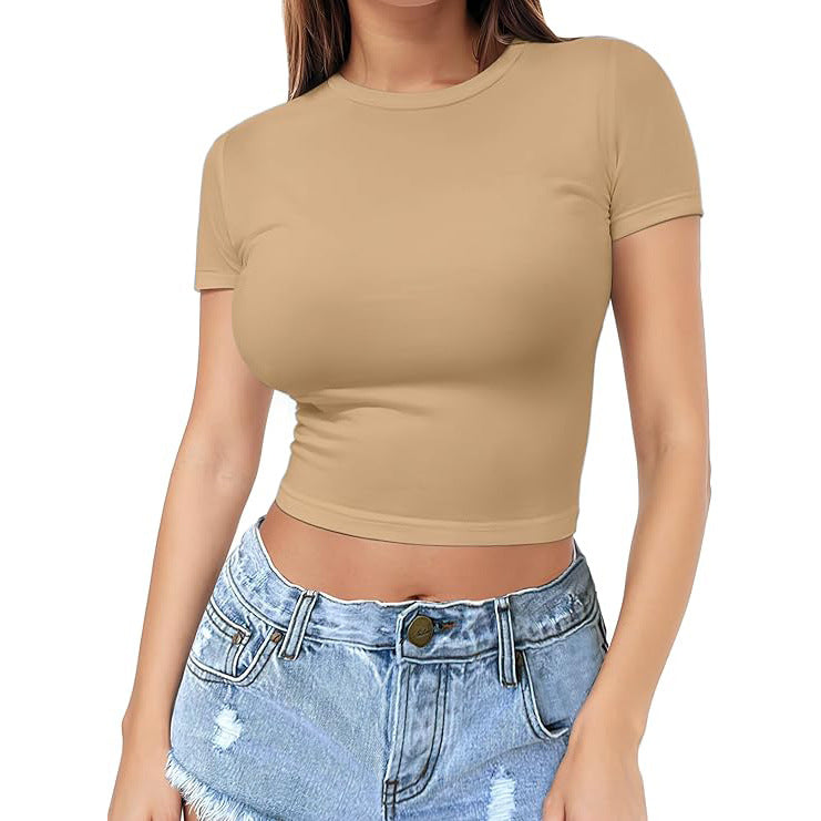 Fitted Crew Neck Cropped Baby Tee - Camel