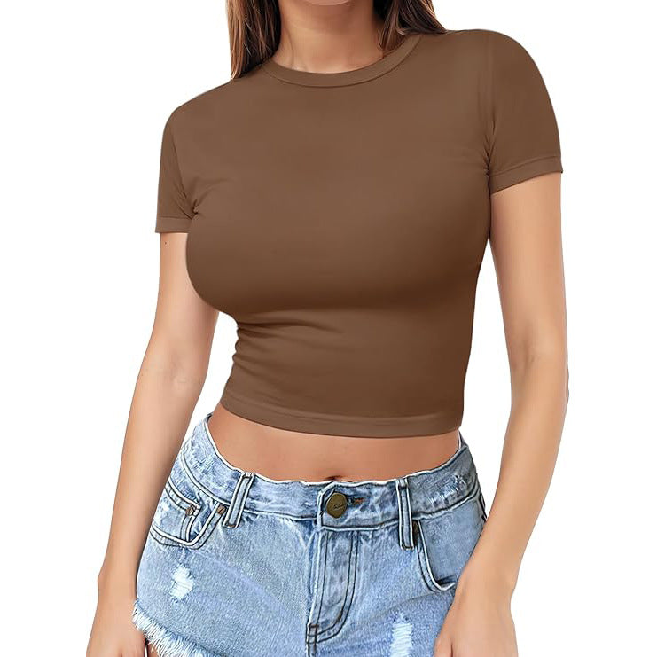 Fitted Crew Neck Cropped Baby Tee - Coffee