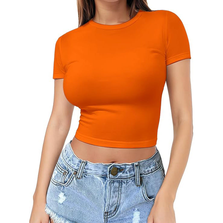 Fitted Crew Neck Cropped Baby Tee - Orange