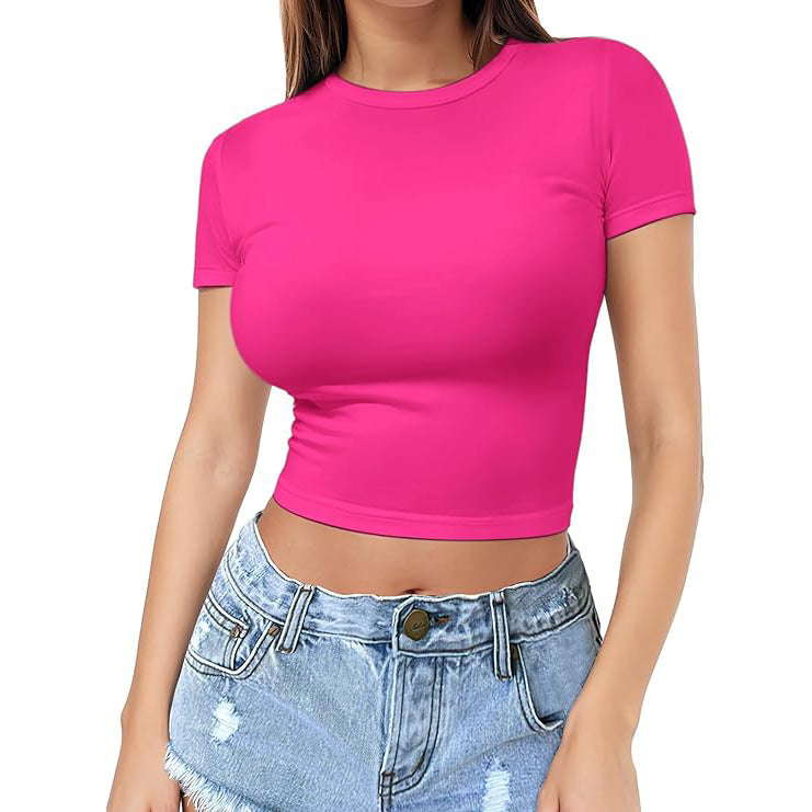 Fitted Crew Neck Cropped Baby Tee - Peach