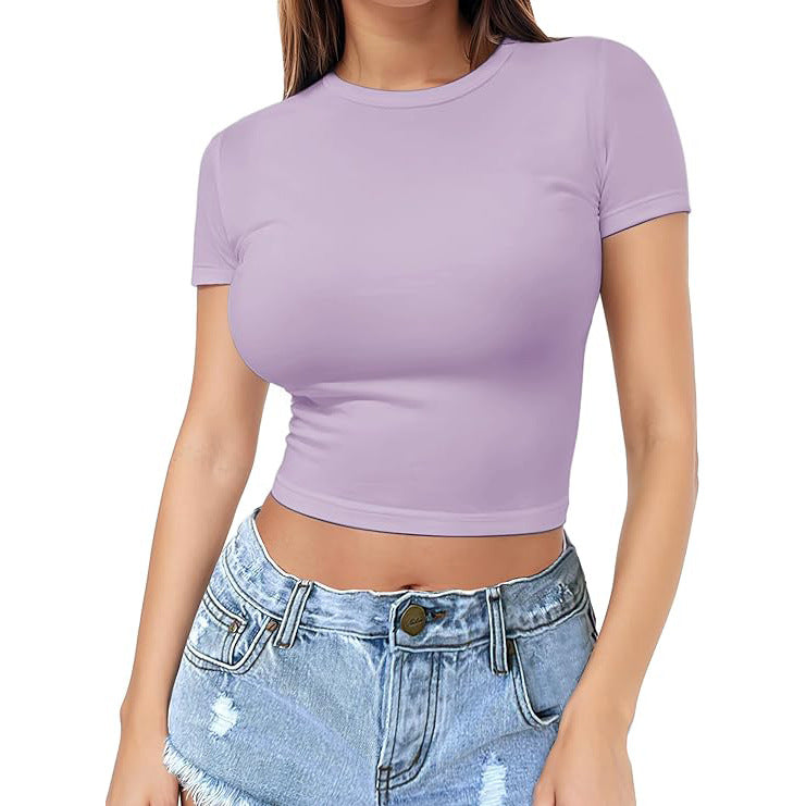 Fitted Crew Neck Cropped Baby Tee - Purple