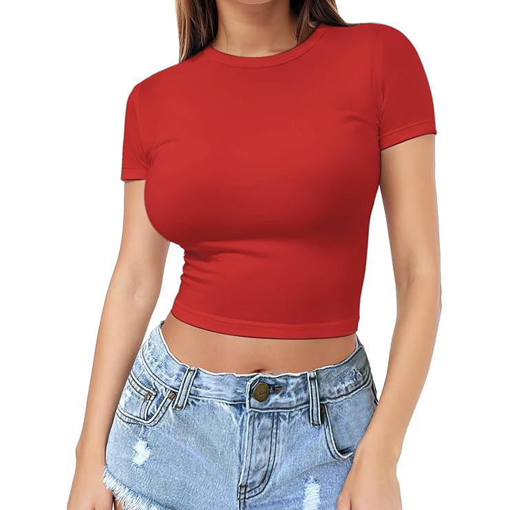 Fitted Crew Neck Cropped Baby Tee - Red