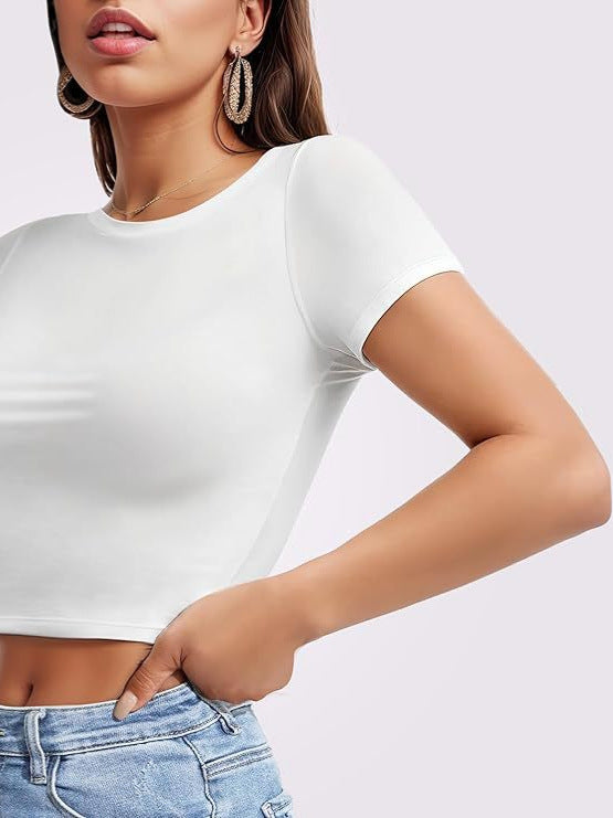 Fitted Crew Neck Cropped Baby Tee - White - 1
