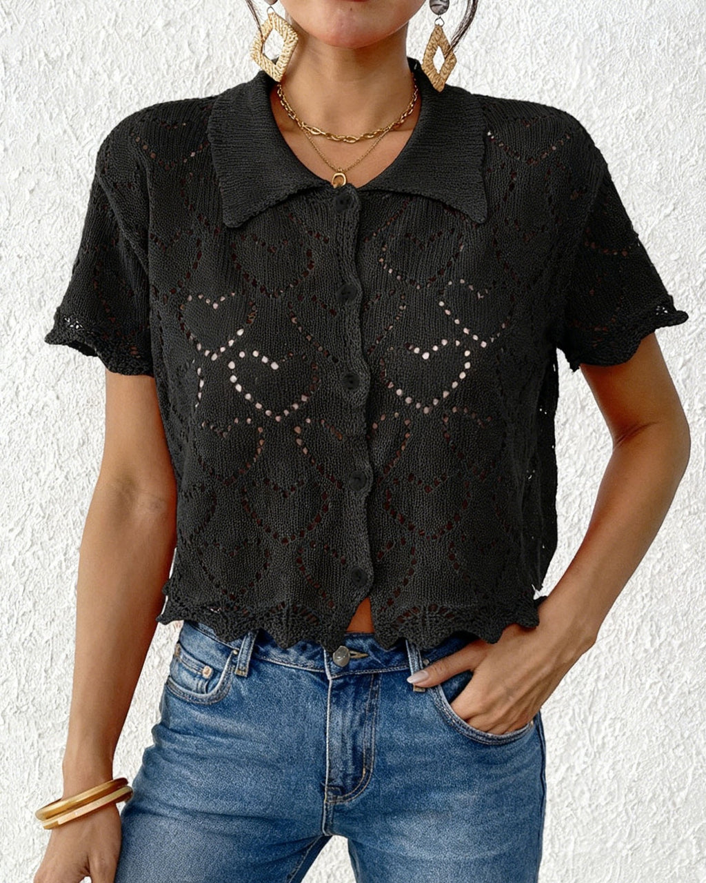 Heart Pointelle Knit Collared Cropped Blouse - Black