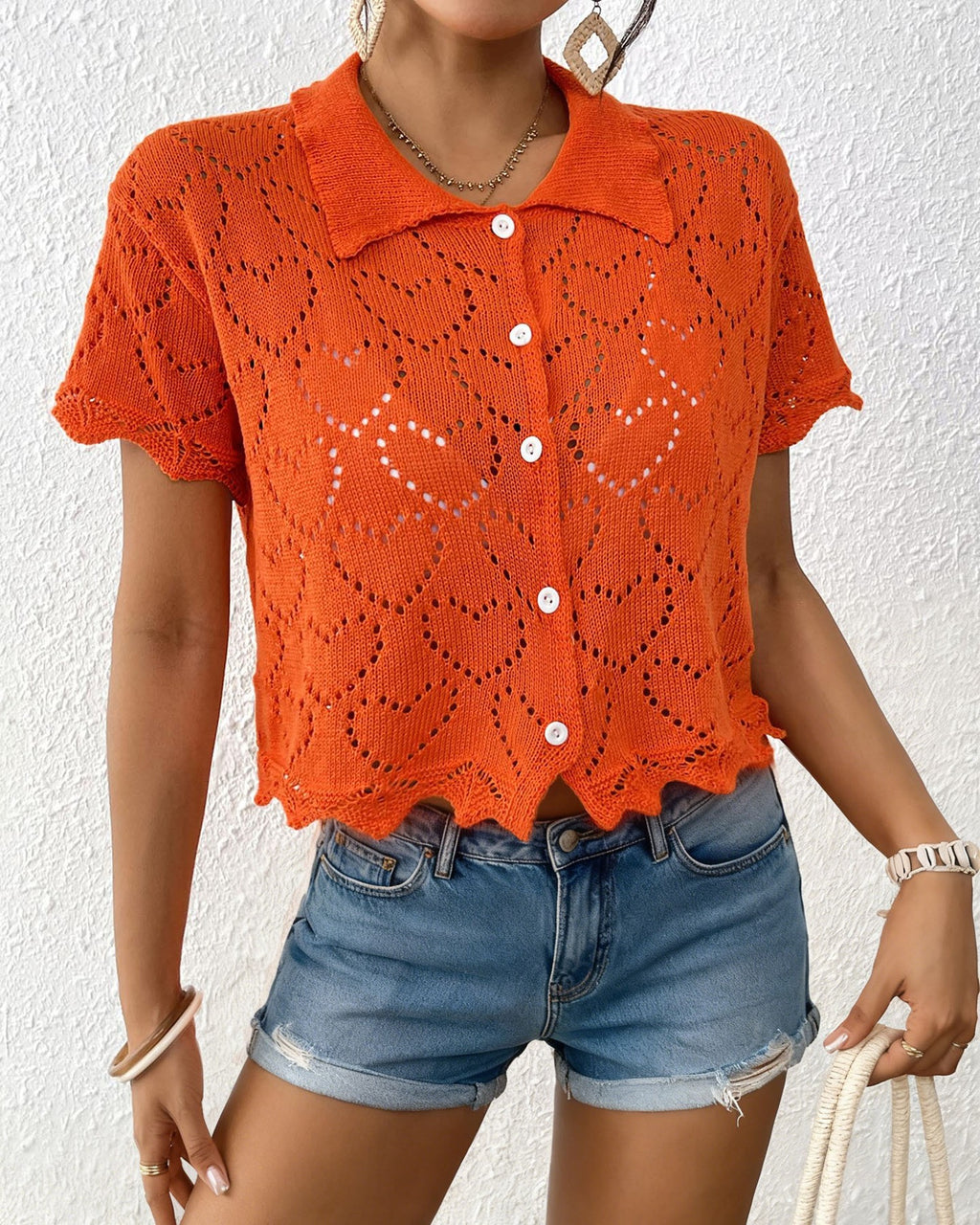 Heart Pointelle Knit Collared Cropped Blouse - Orange