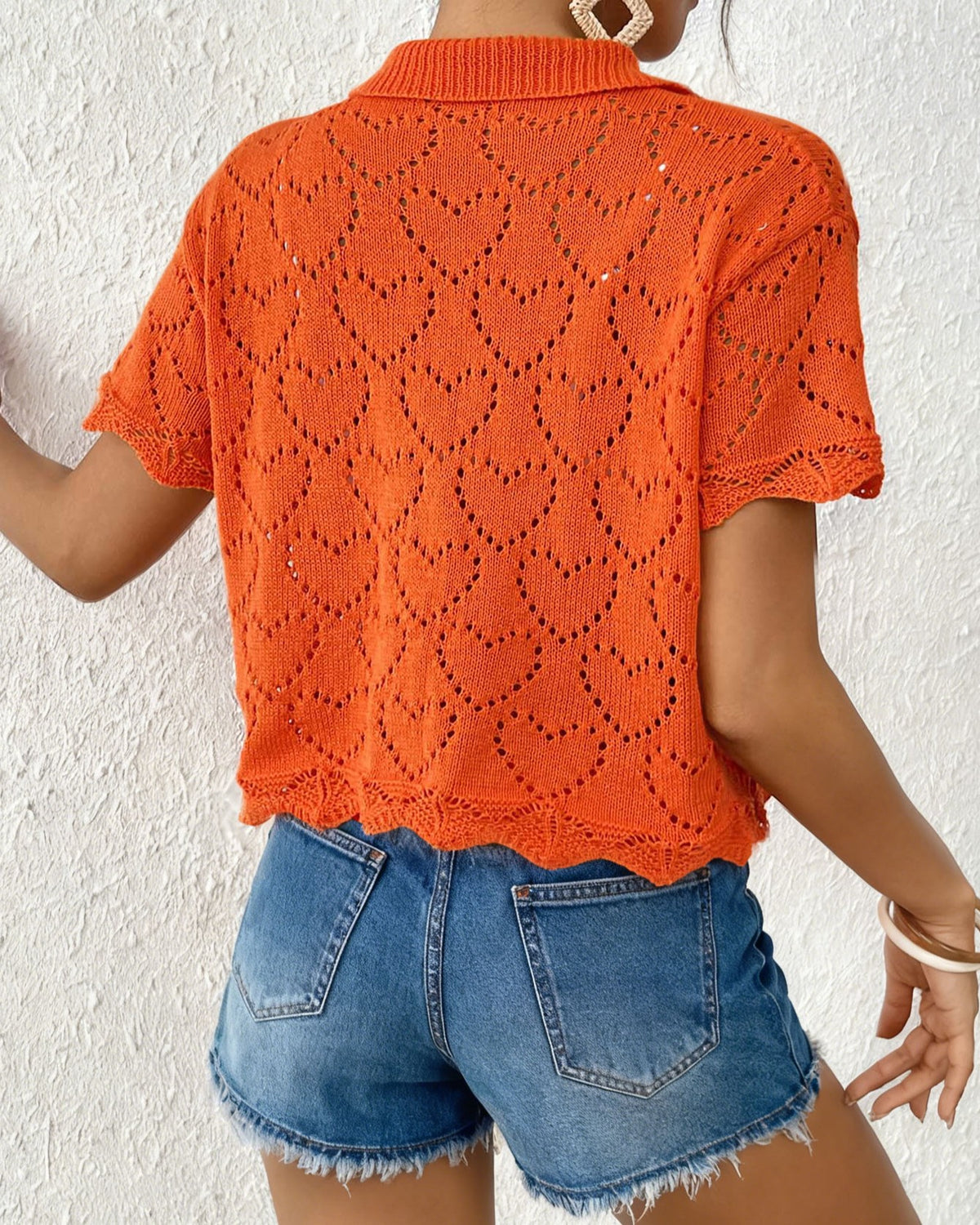 Heart Pointelle Knit Collared Cropped Blouse - Orange - 1