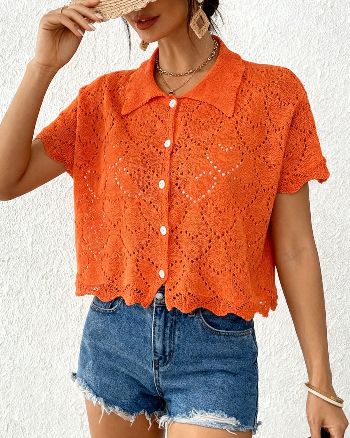 Heart Pointelle Knit Collared Cropped Blouse - Orange - 2