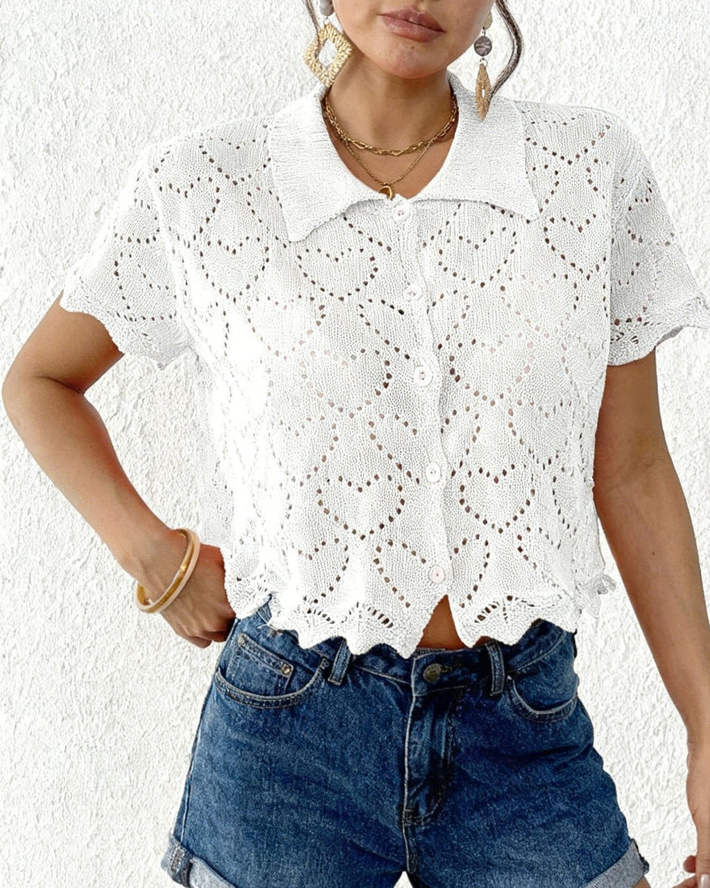 Heart Pointelle Knit Collared Cropped Blouse - White