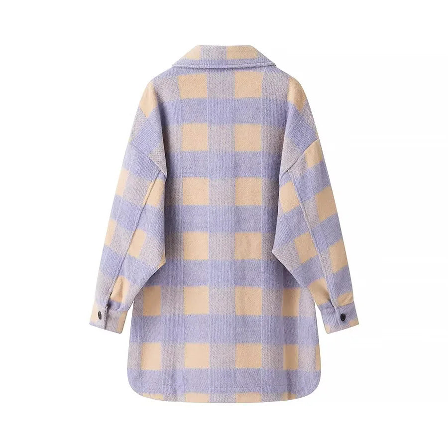 Buffalo Plaid Oversized Shirt Jacket - Purple - 1