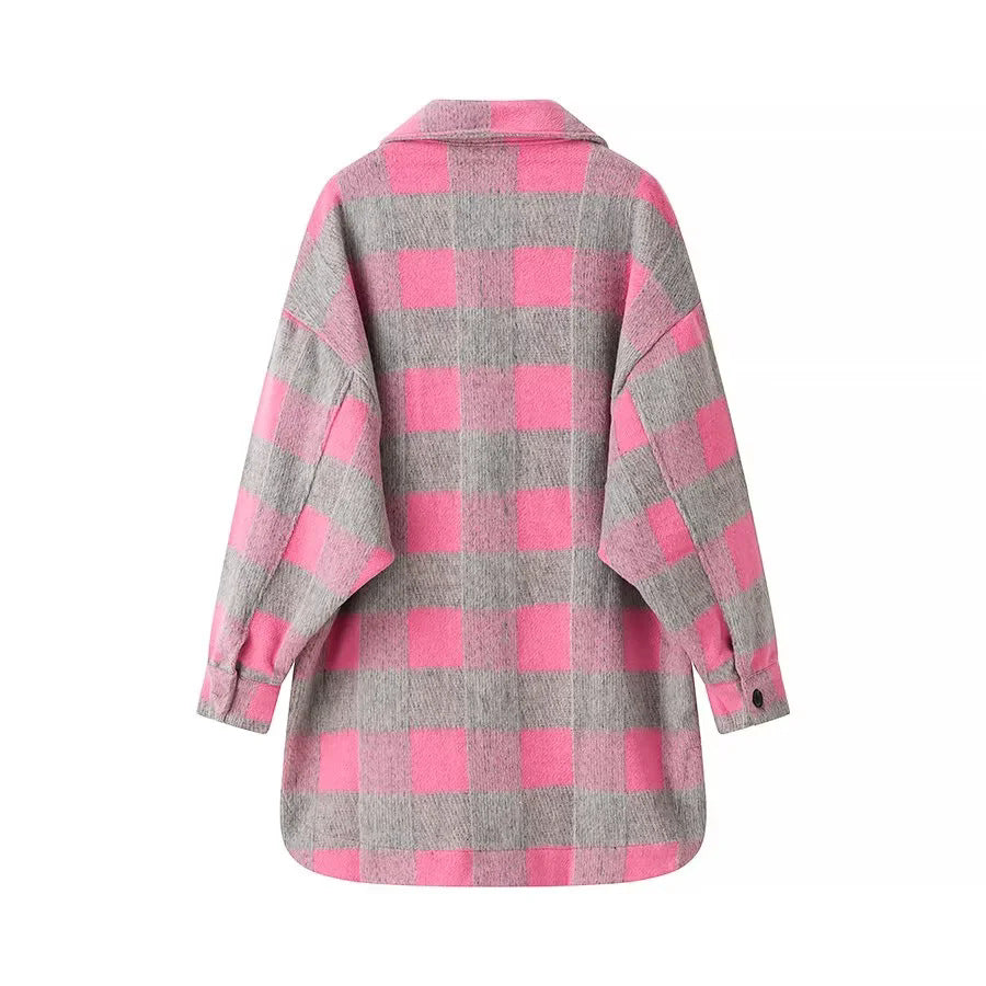 Buffalo Plaid Oversized Shirt Jacket - Rosered - 1