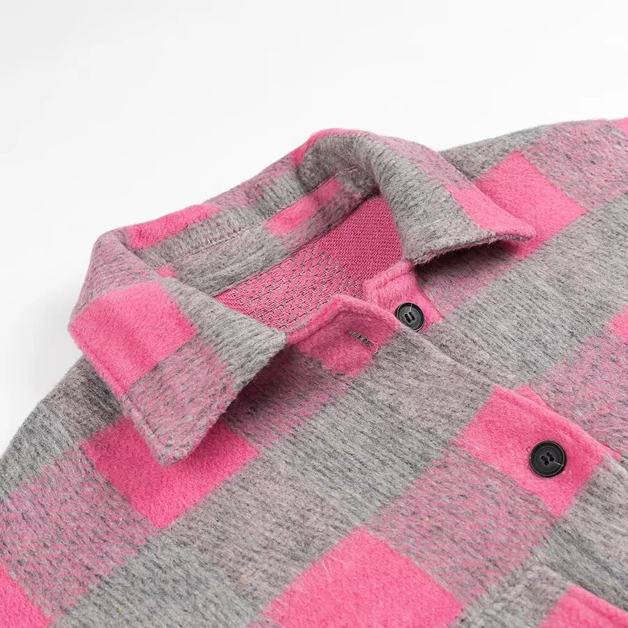 Buffalo Plaid Oversized Shirt Jacket - Rosered - 2