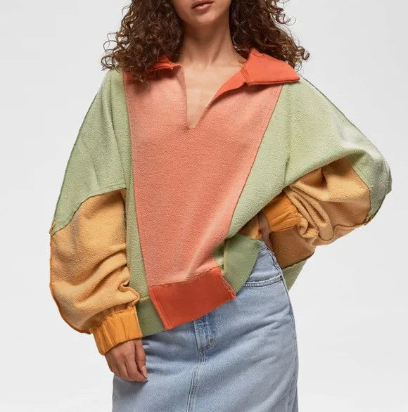 Colour Block Oversized Collared Sweatshirt - Orange