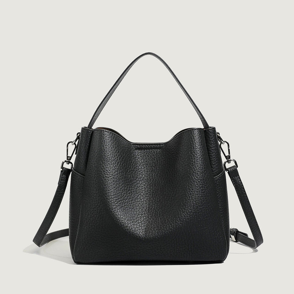 Pebbled Faux Leather Bucket Bag with Crossbody Strap - Black
