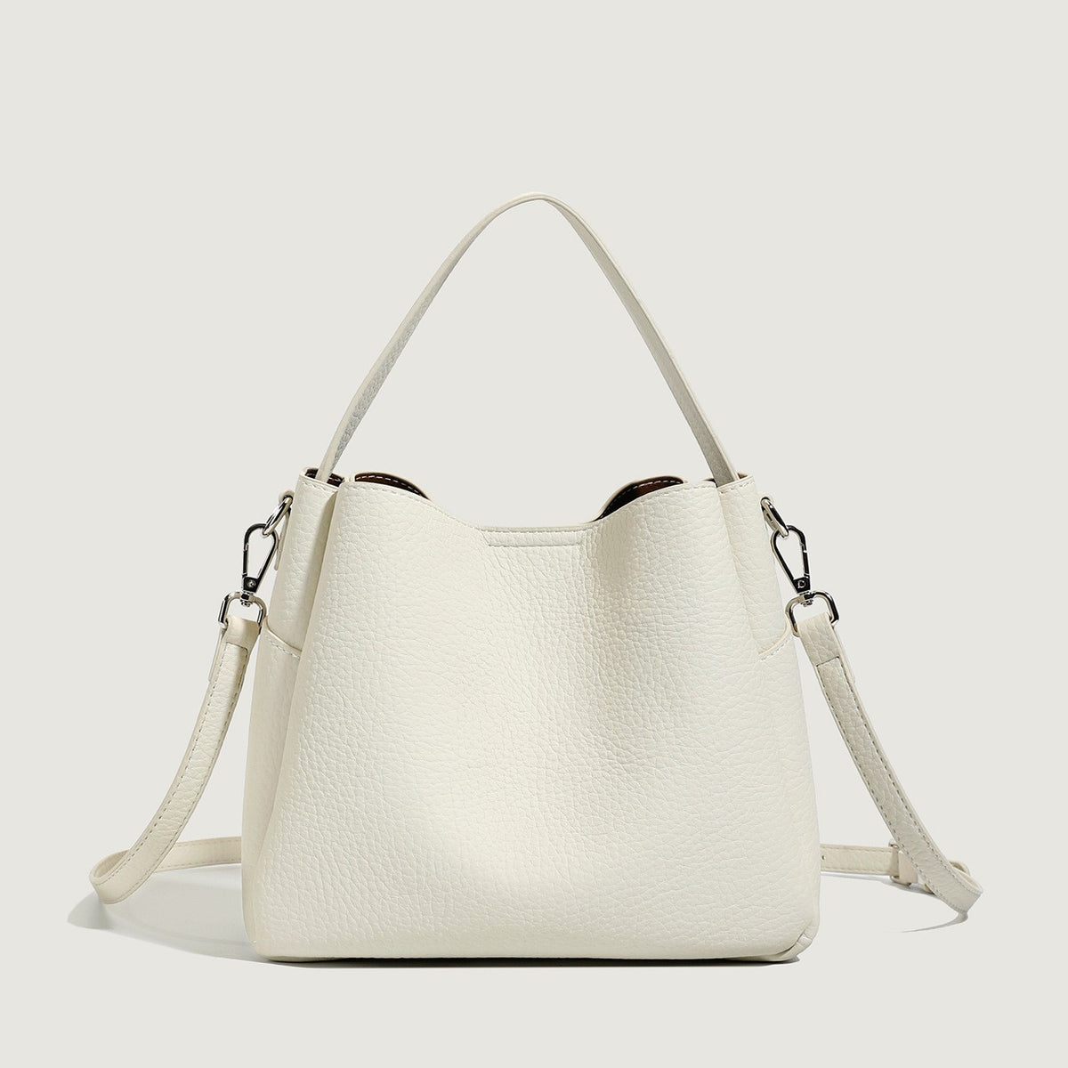 Pebbled Faux Leather Bucket Bag with Crossbody Strap - Cream