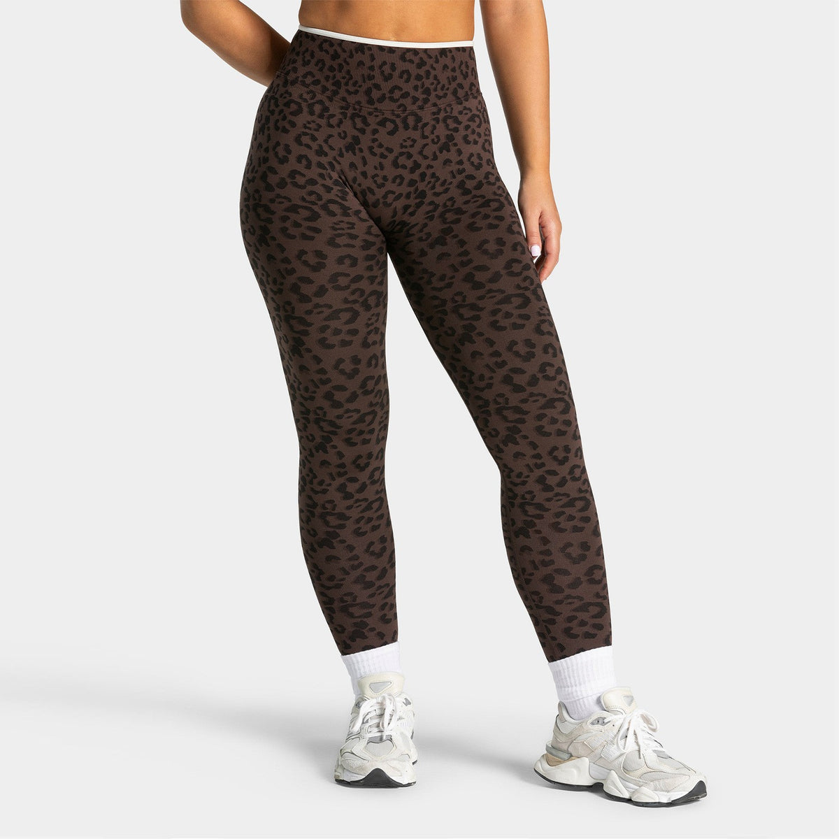 Leopard Seamless Contrast Trim High Waist Gym Leggings - Coffee