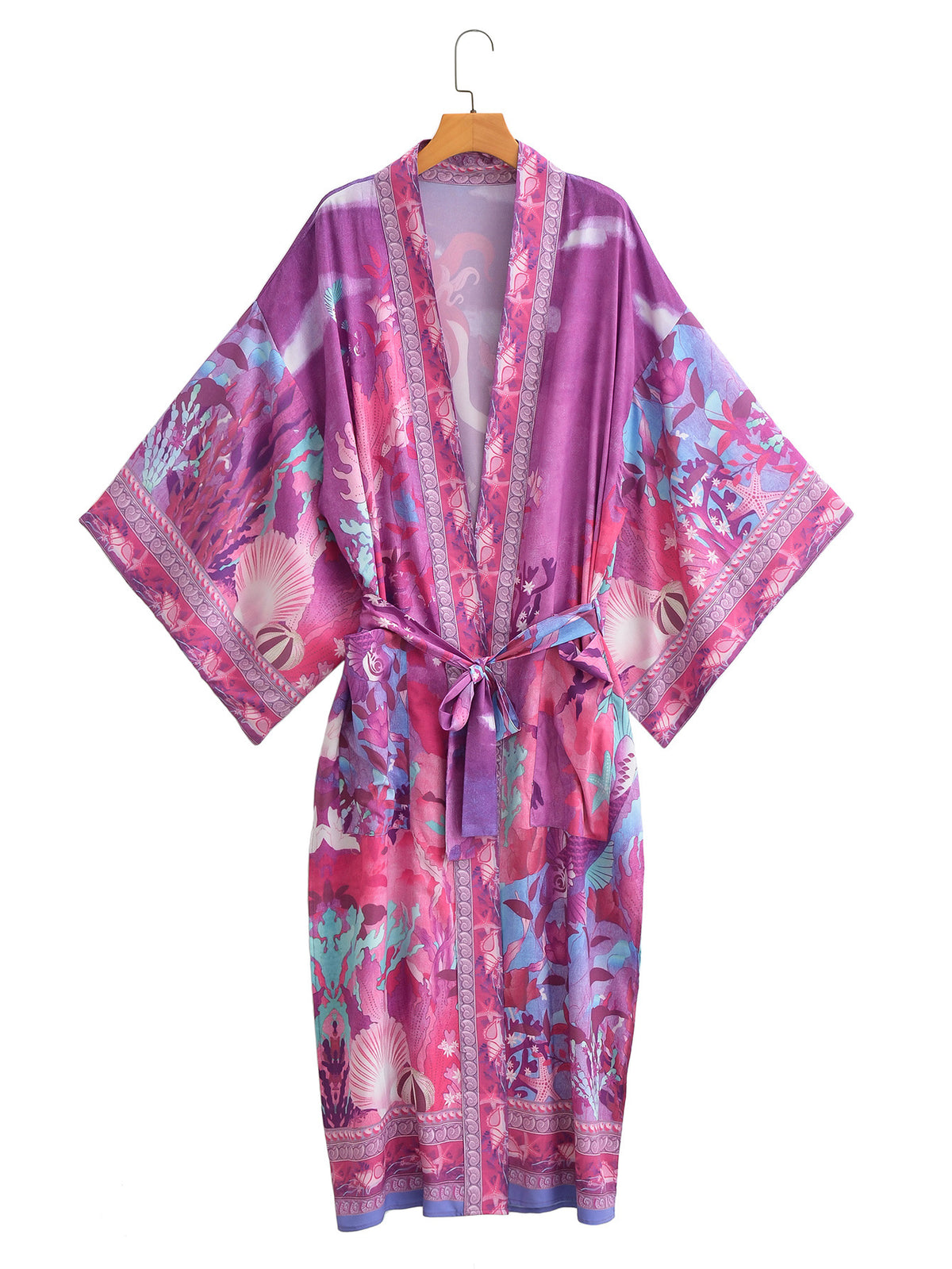 Vintage Sea Print Tie Waist Kimono - Purple