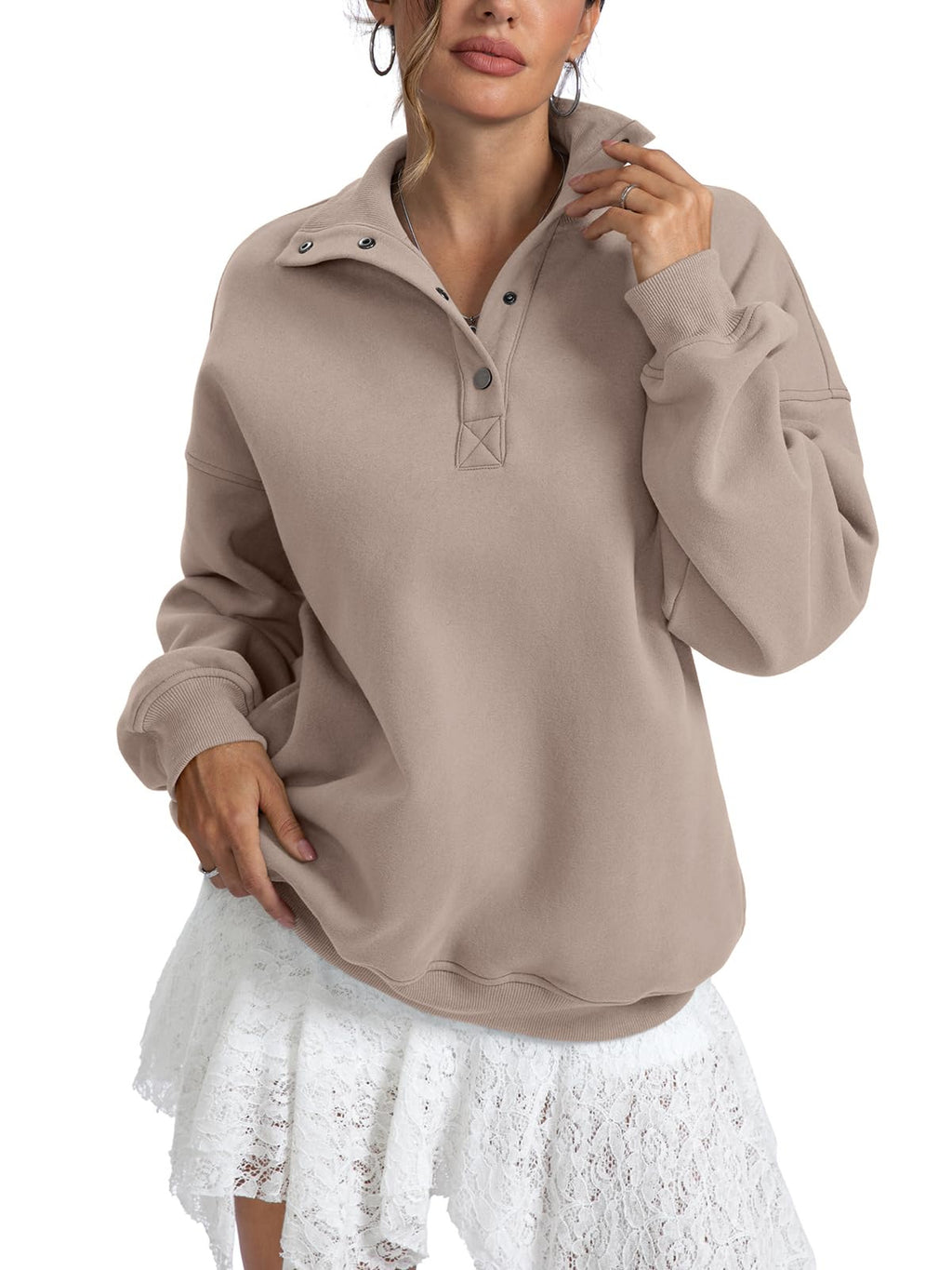 Snap Placket Collared Oversized Sweatshirt - Coffee