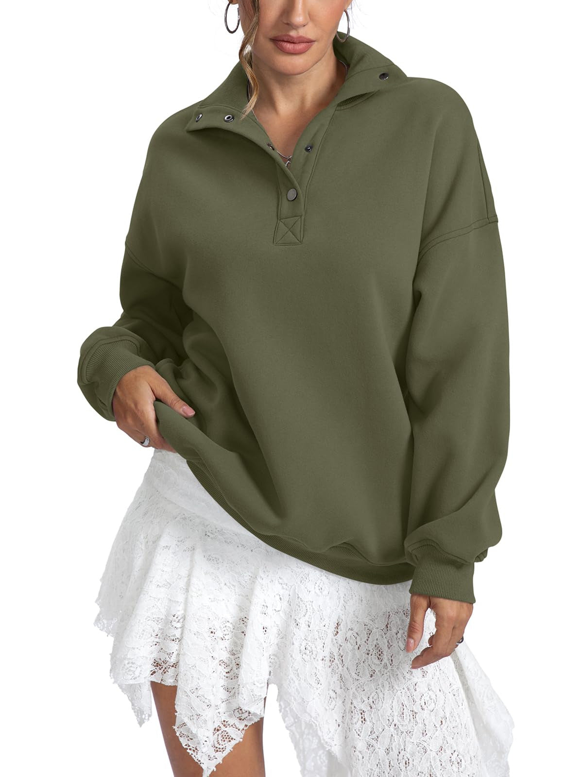 Snap Placket Collared Oversized Sweatshirt - Green - 1