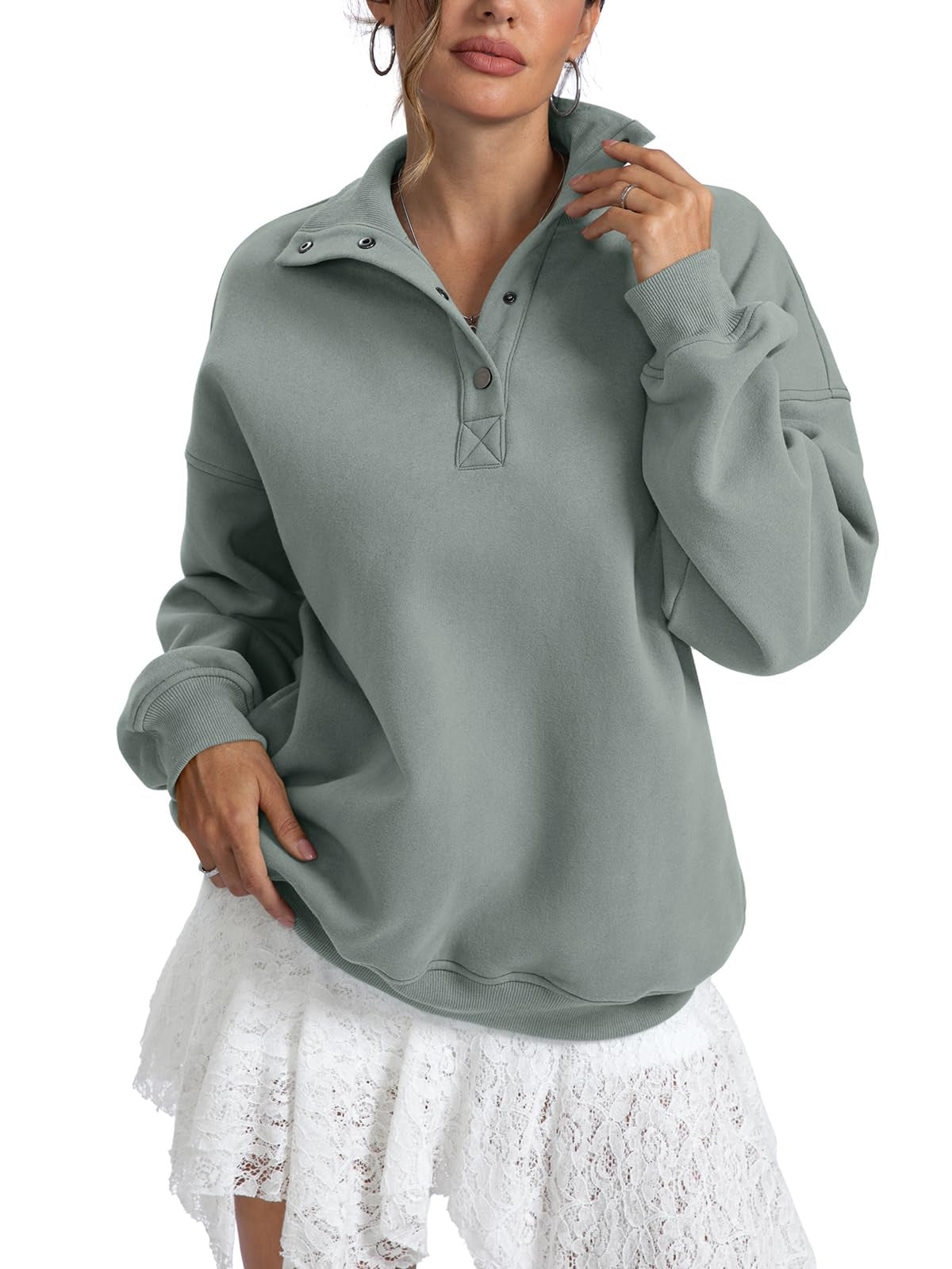 Snap Placket Collared Oversized Sweatshirt - GreyG