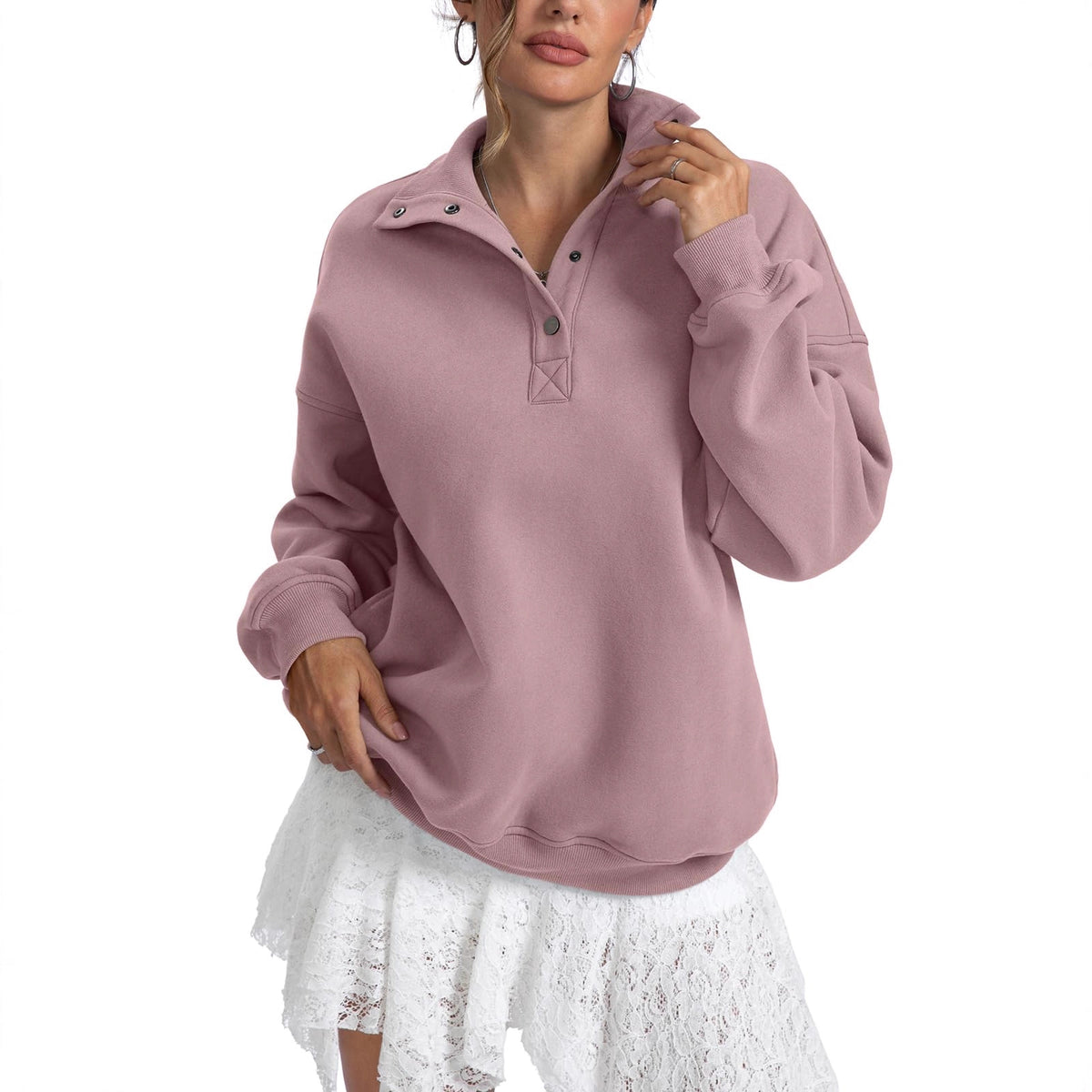 Snap Placket Collared Oversized Sweatshirt - Lotus