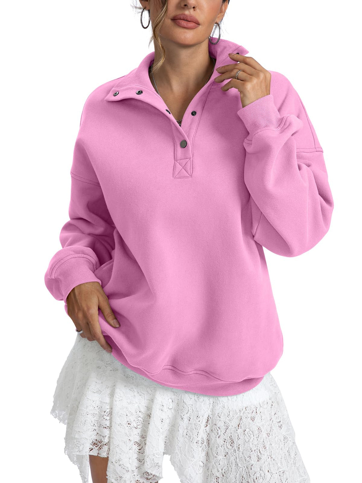 Snap Placket Collared Oversized Sweatshirt - Pink - 1