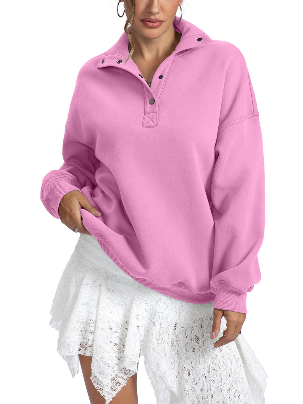 Snap Placket Collared Oversized Sweatshirt - Pink - 2