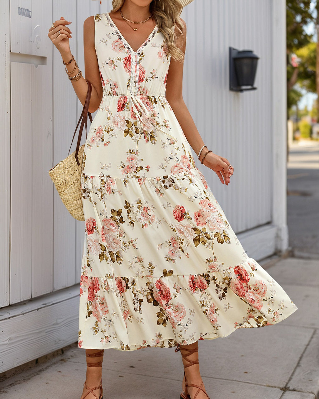 Floral Tiered Sleeveless Maxi Dress - White - 2