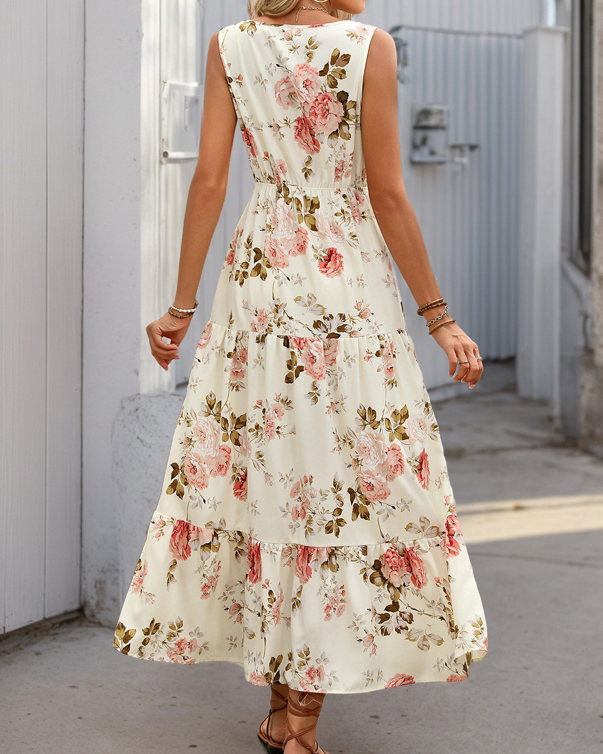 Floral Tiered Sleeveless Maxi Dress - White - 3