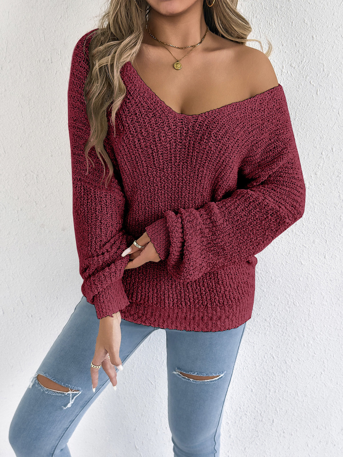 Off Shoulder Deep V Back Knit Sweater - WineRed - 1