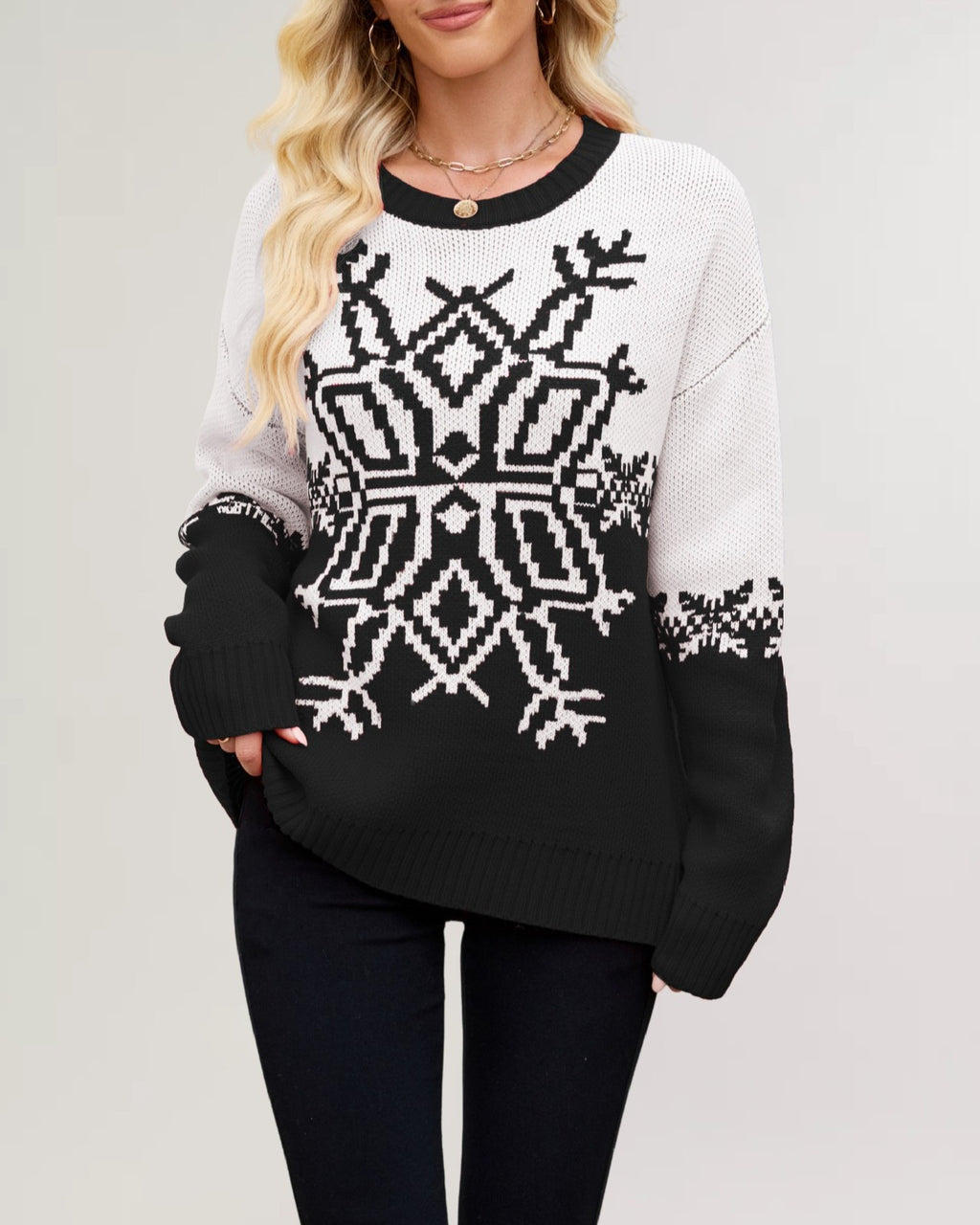 Colorblock Snowflake Jacquard Knit Sweater - Black