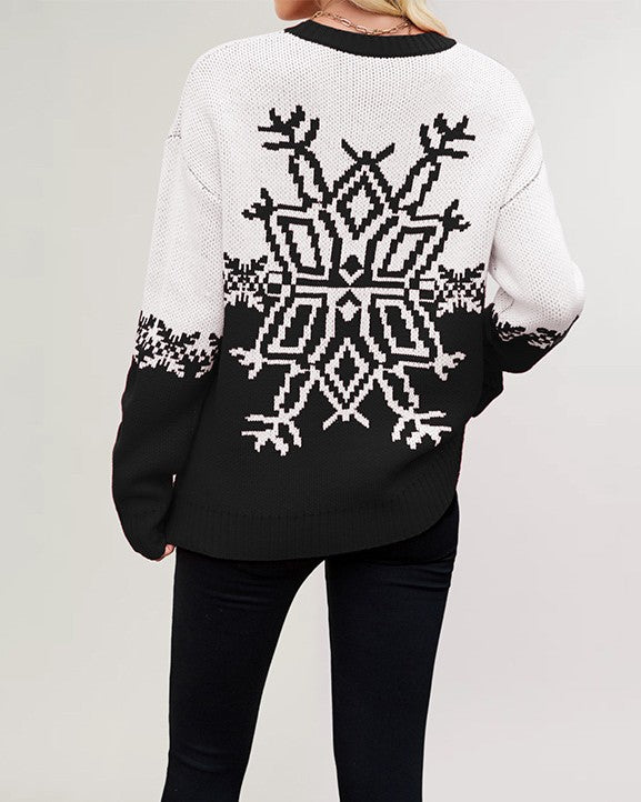 Colorblock Snowflake Jacquard Knit Sweater - Black - 1