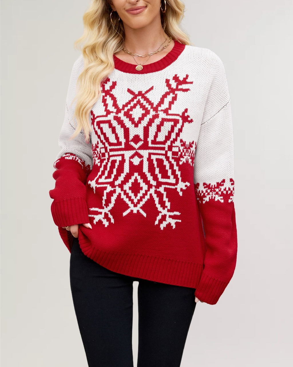 Colorblock Snowflake Jacquard Knit Sweater - Red - 1