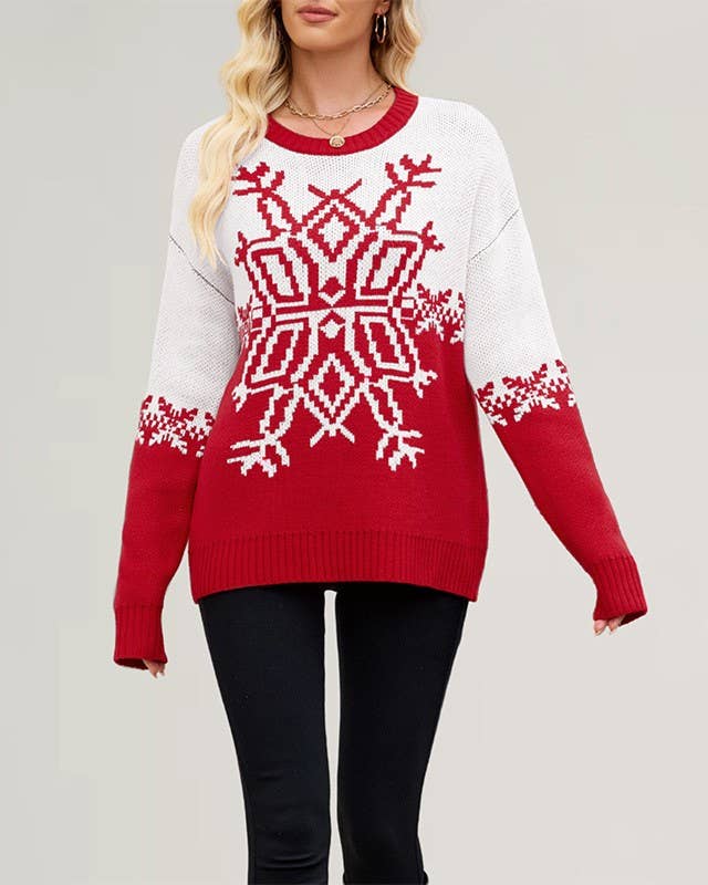 Colorblock Snowflake Jacquard Knit Sweater