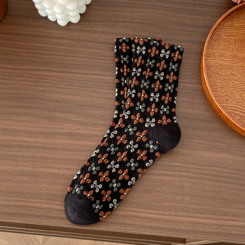 Retro Blossom Jacquard Contrast Crew Socks - Black