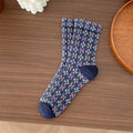 Retro Blossom Jacquard Contrast Crew Socks - DarkBlue