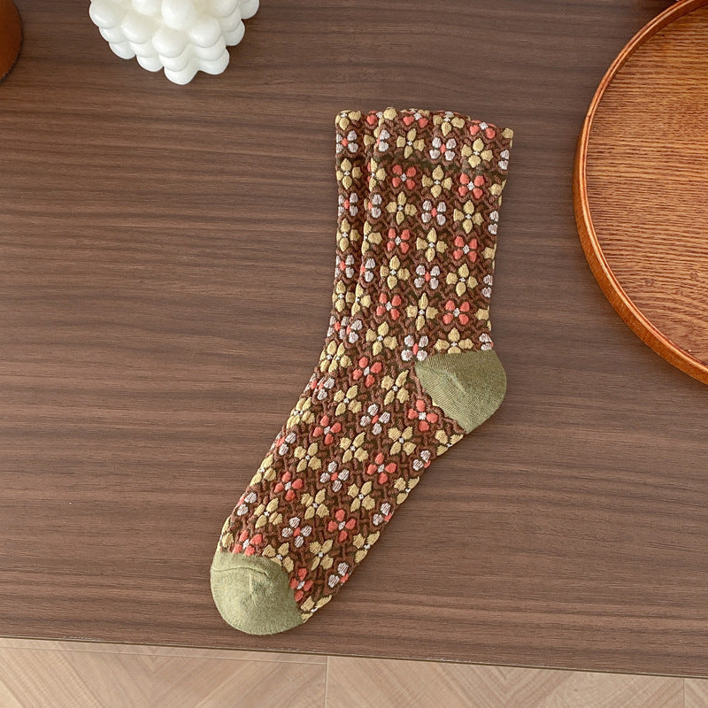 Retro Blossom Jacquard Contrast Crew Socks - Green