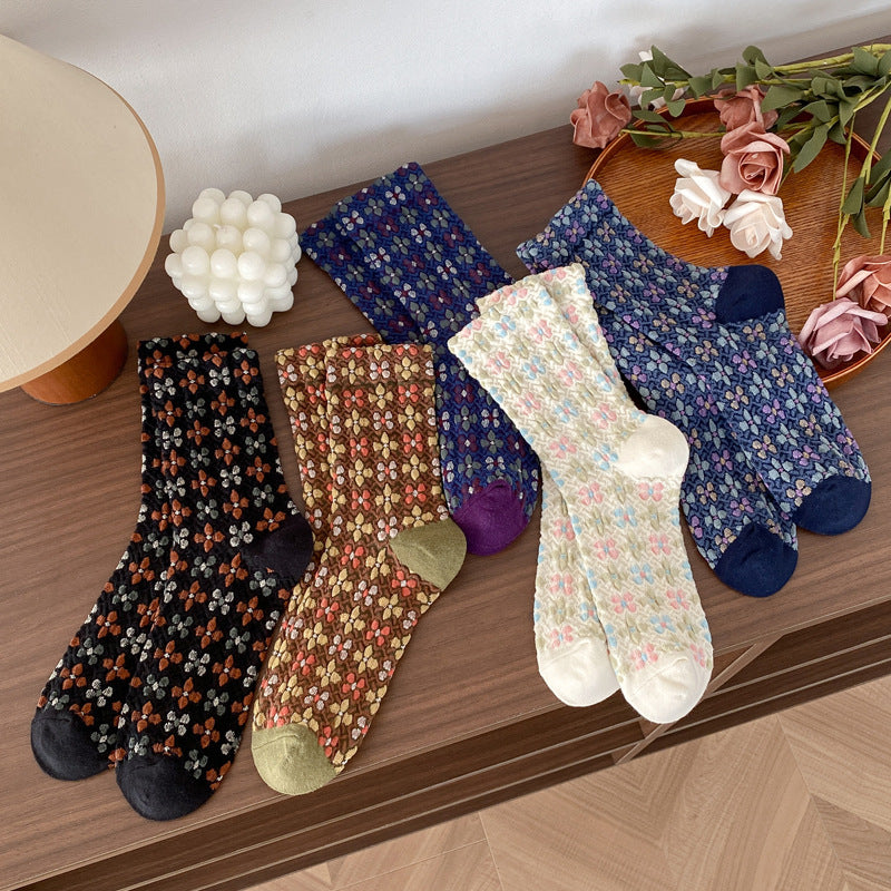 Retro Blossom Jacquard Contrast Crew Socks - Purple