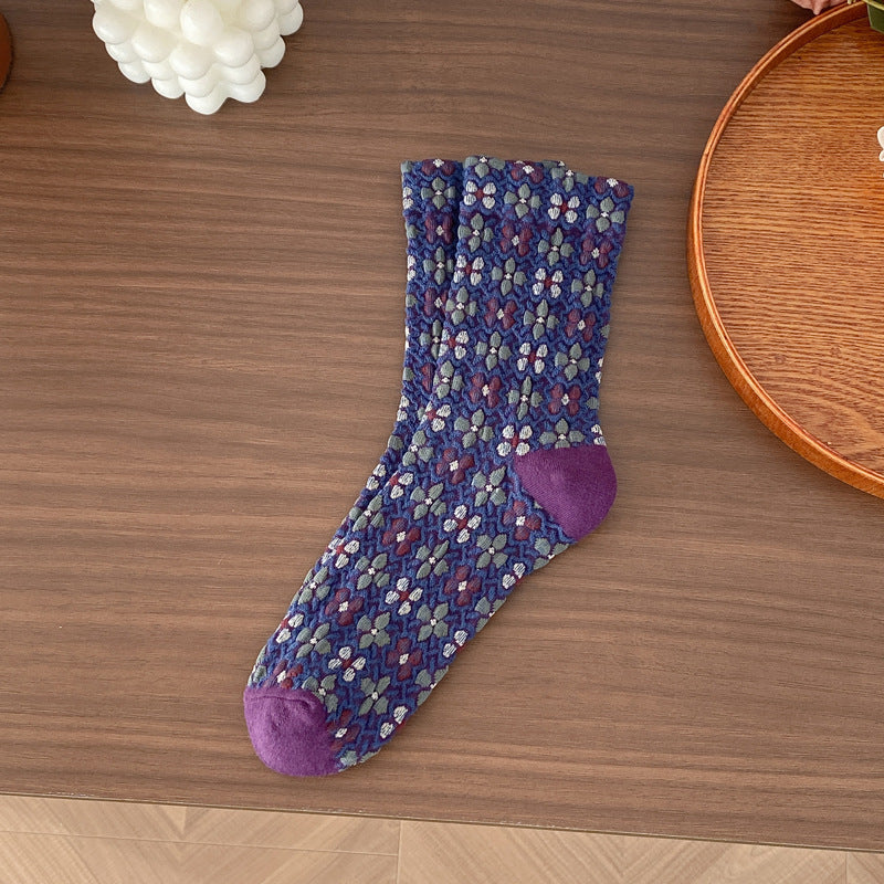 Retro Blossom Jacquard Contrast Crew Socks - Purple - 1