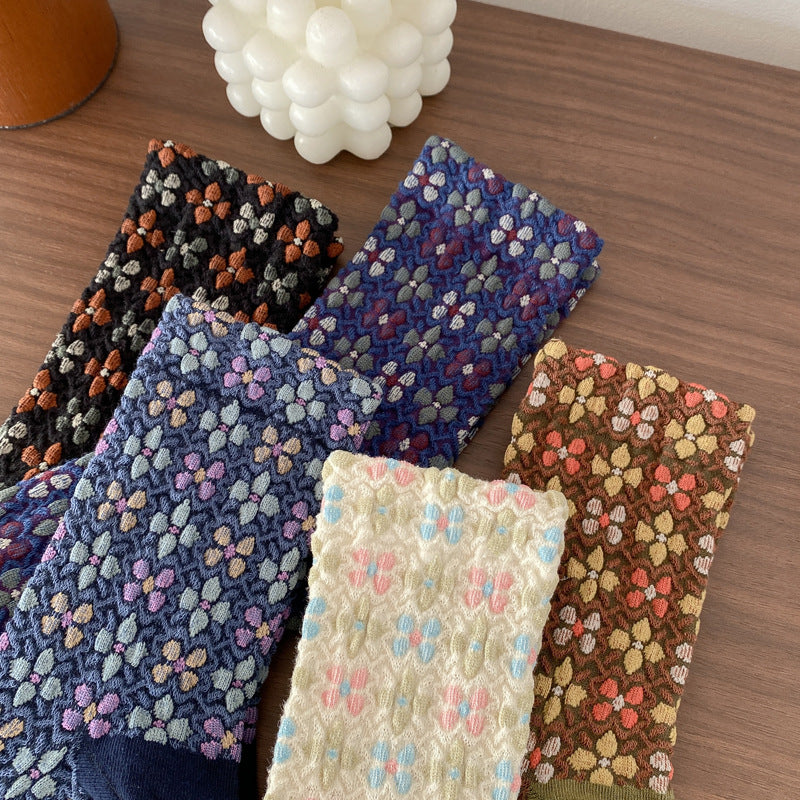 Retro Blossom Jacquard Contrast Crew Socks - Purple - 2