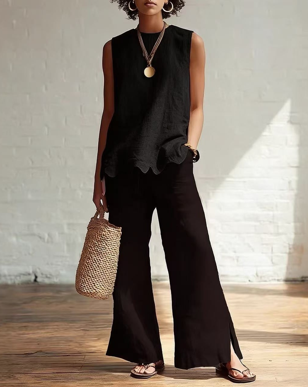 Scalloped Hem Sleeveless Linen Tank Top - Black
