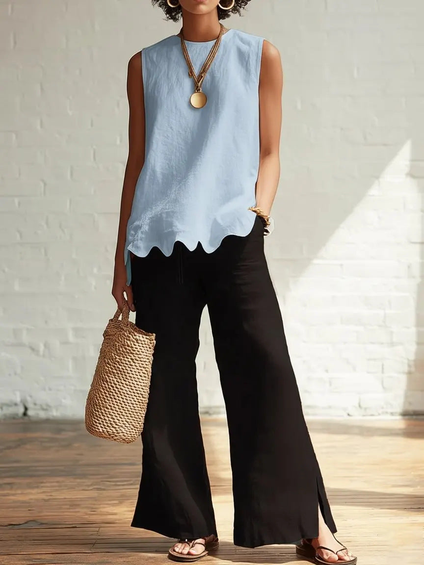 Scalloped Hem Sleeveless Linen Tank Top - Blue