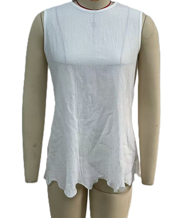 Scalloped Hem Sleeveless Linen Tank Top - White