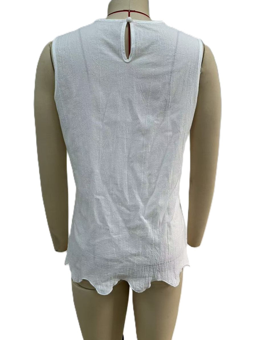 Scalloped Hem Sleeveless Linen Tank Top - White - 1