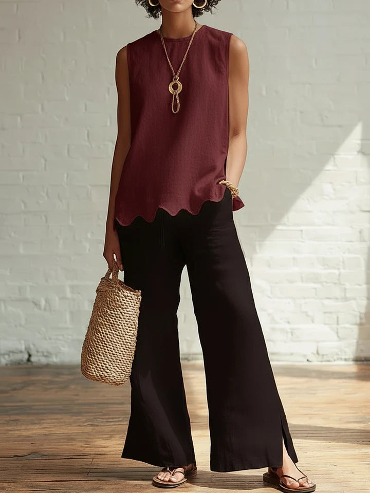 Scalloped Hem Sleeveless Linen Tank Top - Winered