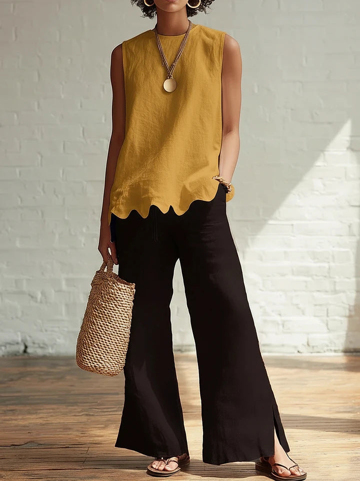 Scalloped Hem Sleeveless Linen Tank Top - Yellow