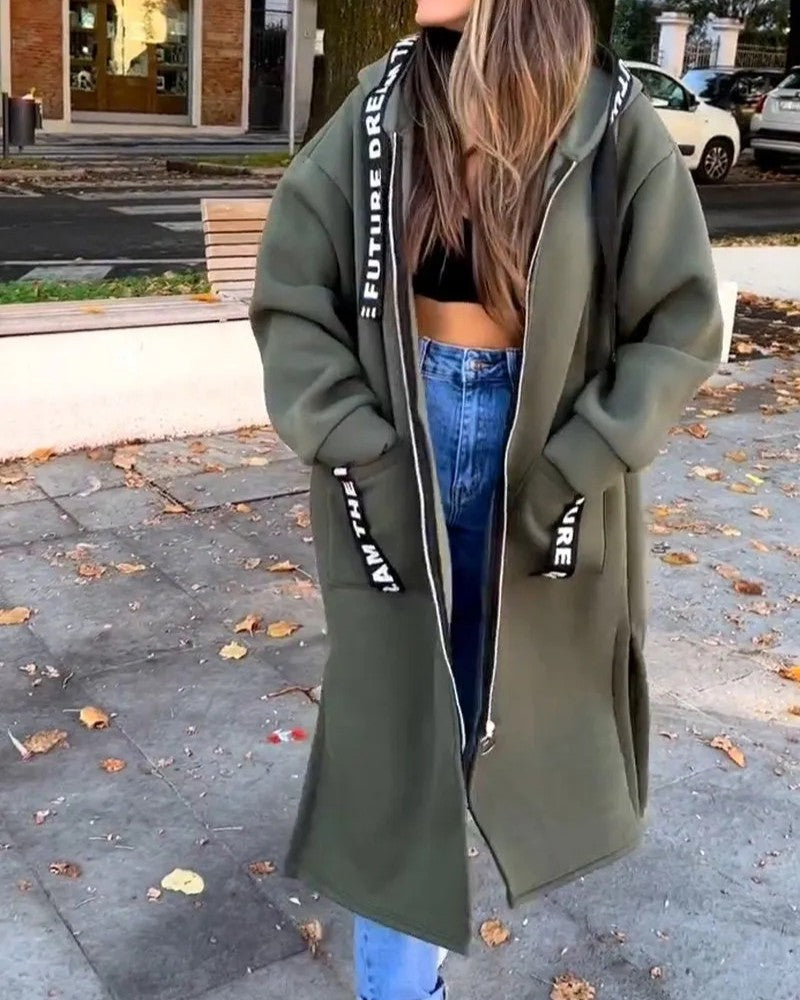 Longline Zip Up Hooded Sweat Coat - Green