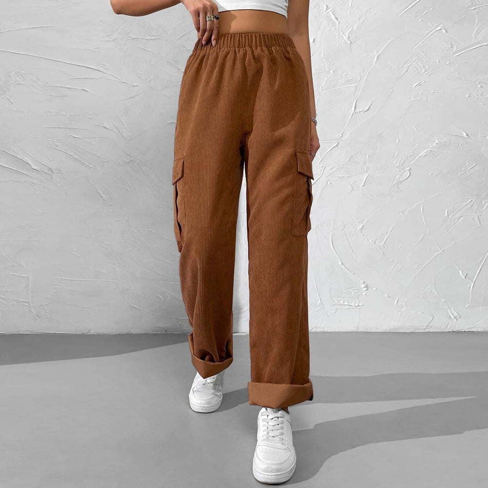 Corduroy Cargo Pocket Wide Leg Pants - Caramel - 1